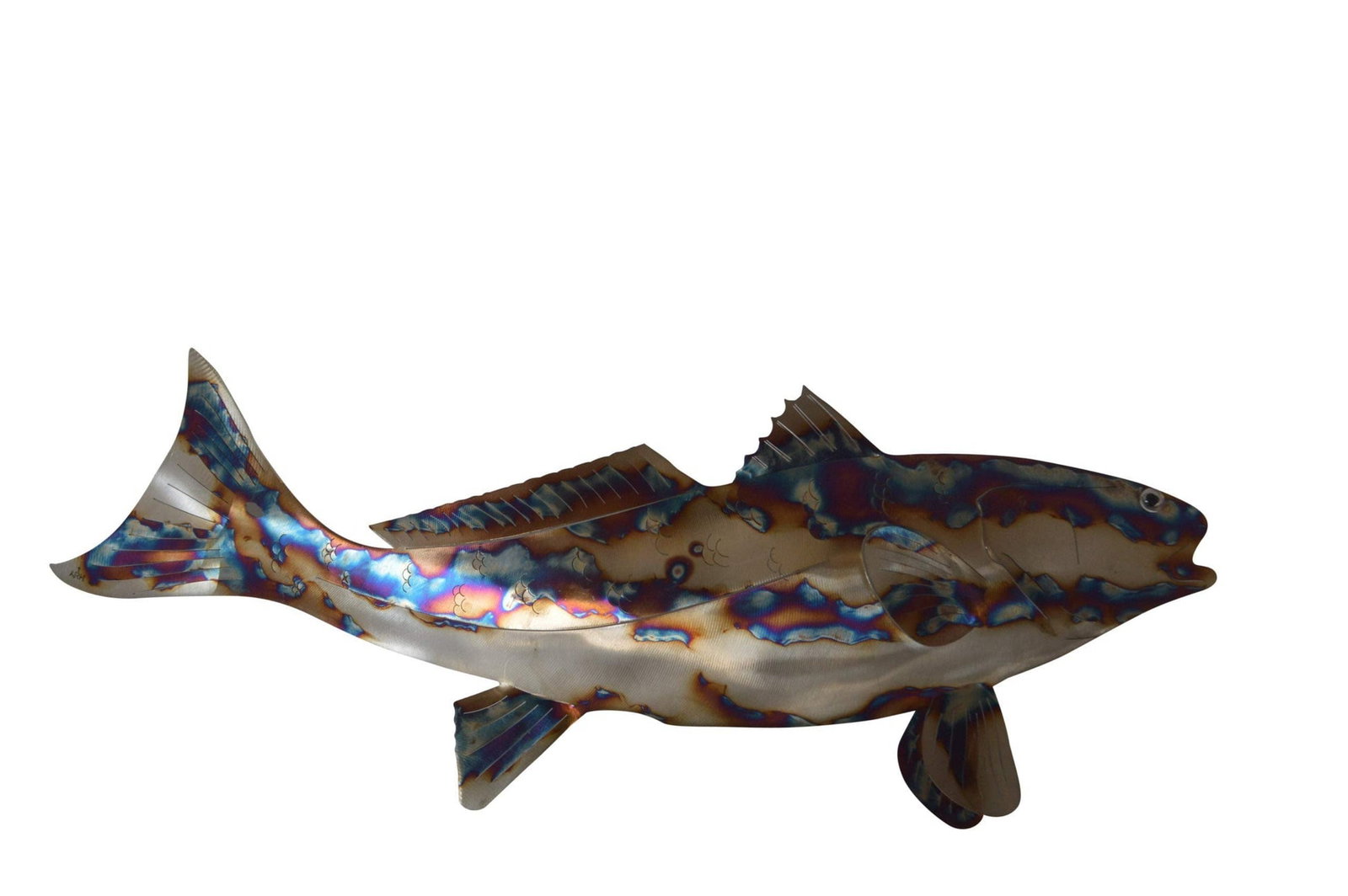 Fish laser cut steel wall mounted - Size: 25"L x 2"W x 9"H.: Title:Fish laser cut steel wall mounted - Size: 25"L x 2"W x 9"H. Description:This curved fish is crafted using laser cut steel and can be mounted on any wall desiring a nautical addition. The