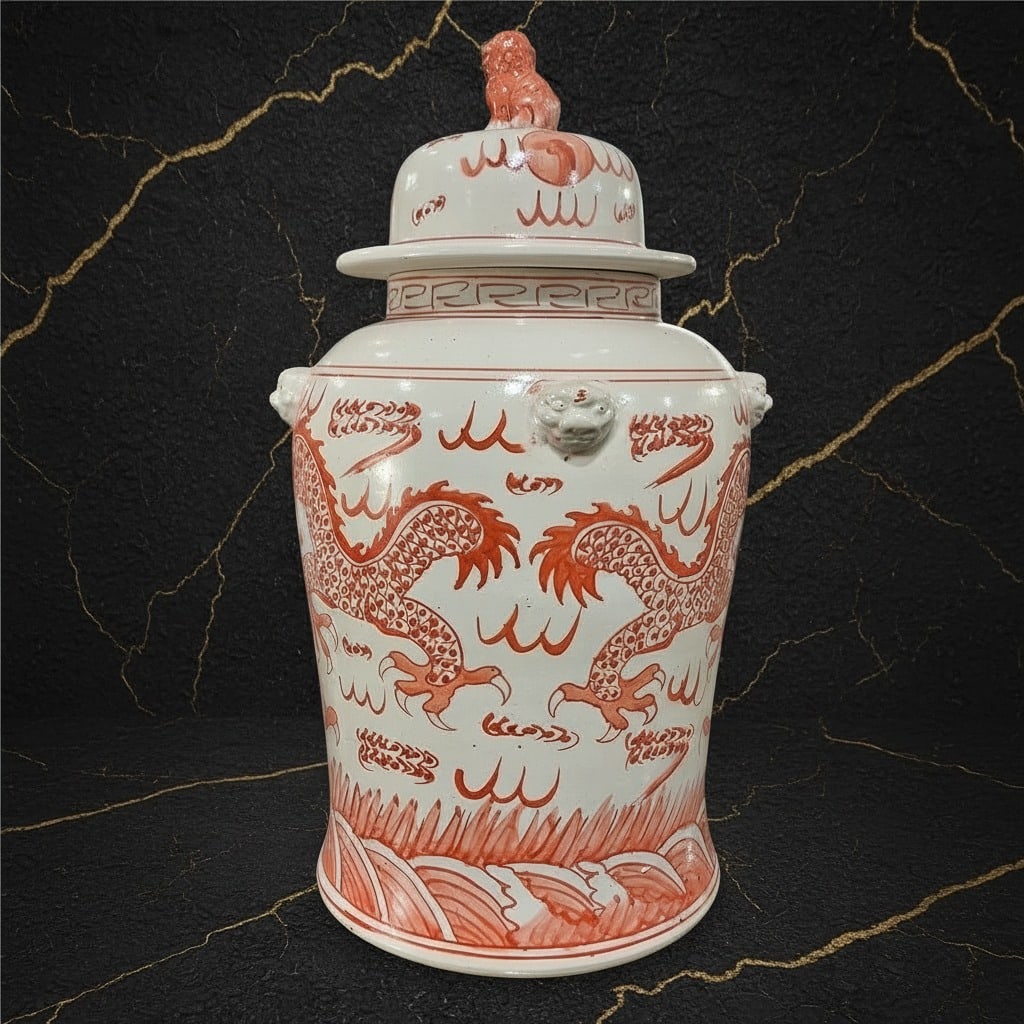 Large 18in Red Dragon Ceramic Temple Jar Decorative Oriental Ginger Vessel (1 of 6)