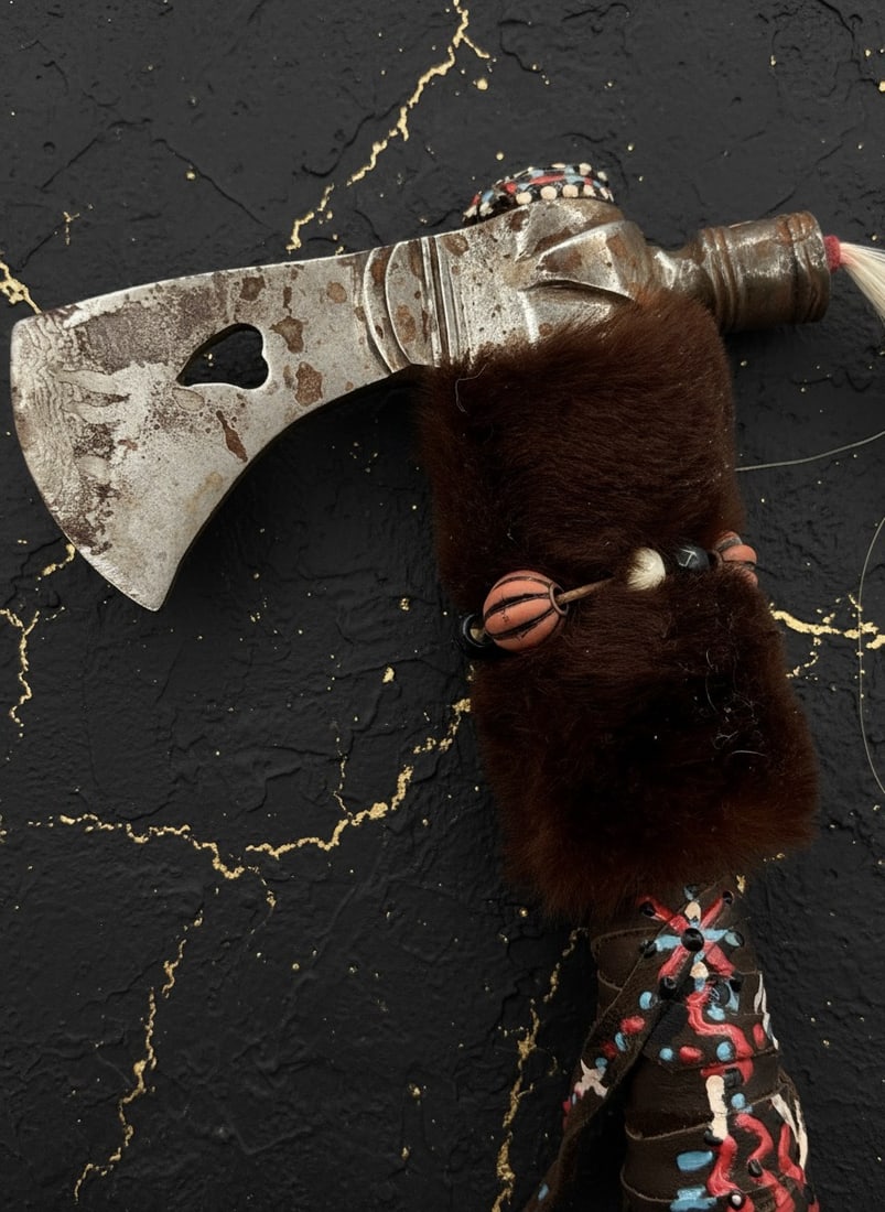 Handcrafted Tribal Style Tomahawk Wood Leather Metal Wall Display Decor - 2