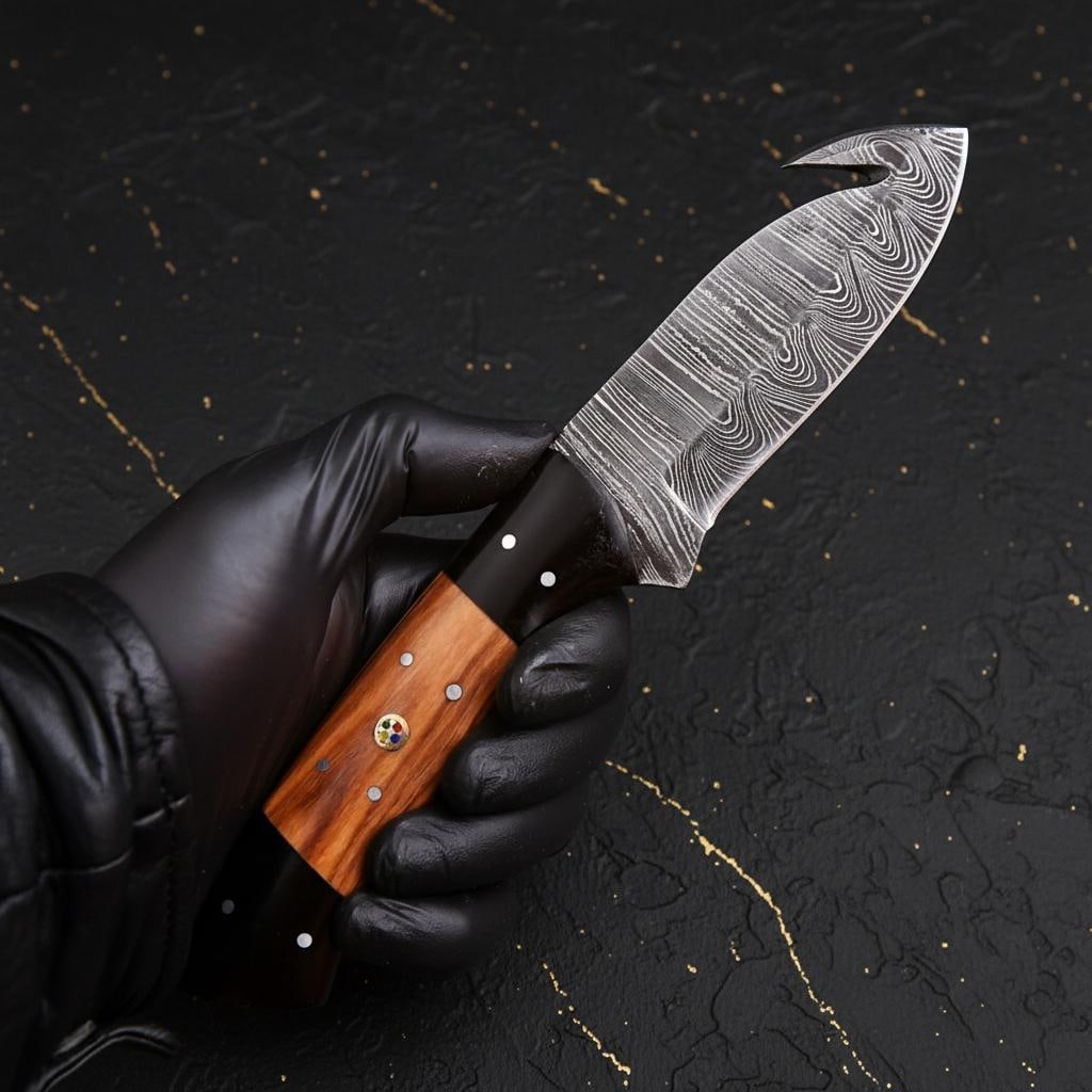 Full Tang Damascus Gut Hook Skinner Knife with Sheath, Twisted Steel and Wood Handle - 3
