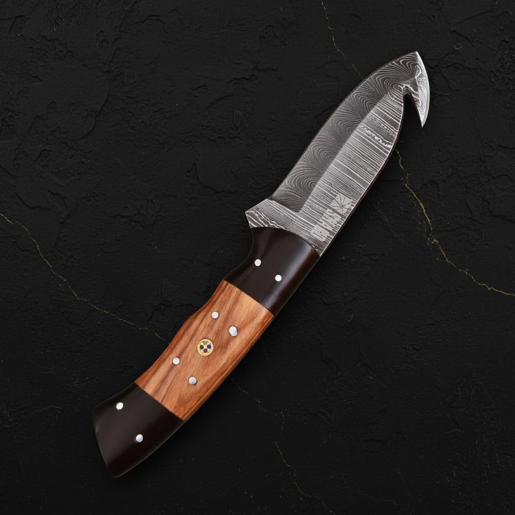 Full Tang Damascus Gut Hook Skinner Knife with Sheath, Twisted Steel and Wood Handle - 5