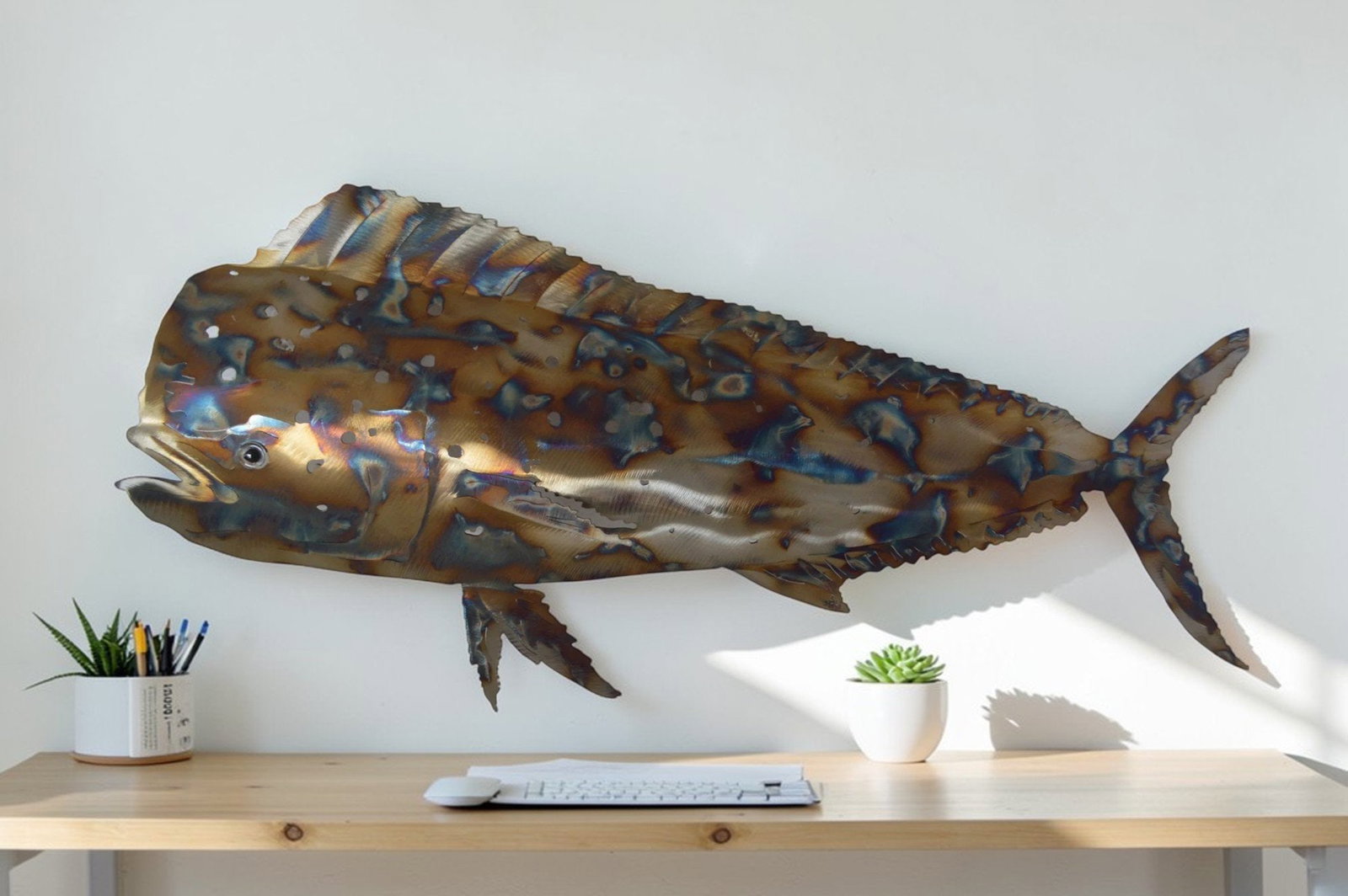 Mahi-Mahi fish laser cut steel wall mounted - Size: 26"L x 2"W x 14"H. - 2