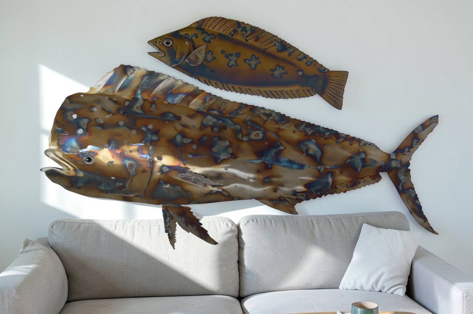 Mahi-Mahi fish laser cut steel wall mounted - Size: 26"L x 2"W x 14"H. - 3