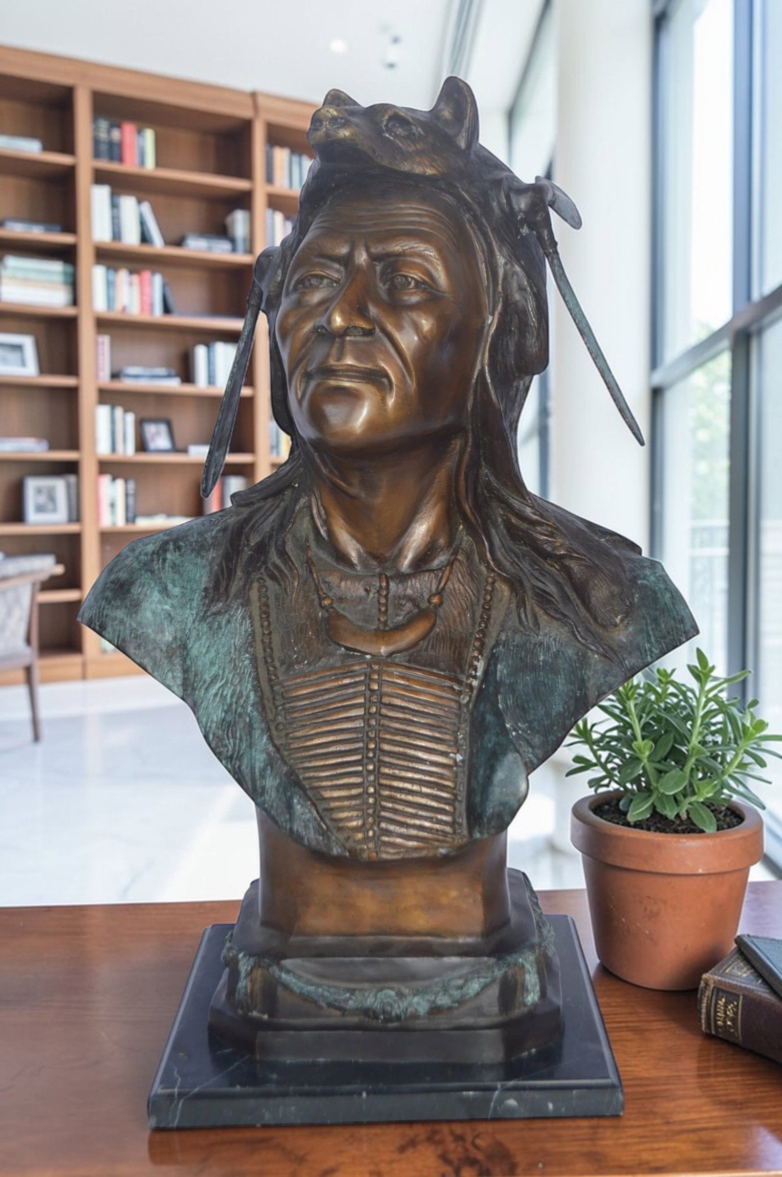 Indian Tribe Leader Bust bronze statue - Size: 22"L x 15"W x 32"H. - 2