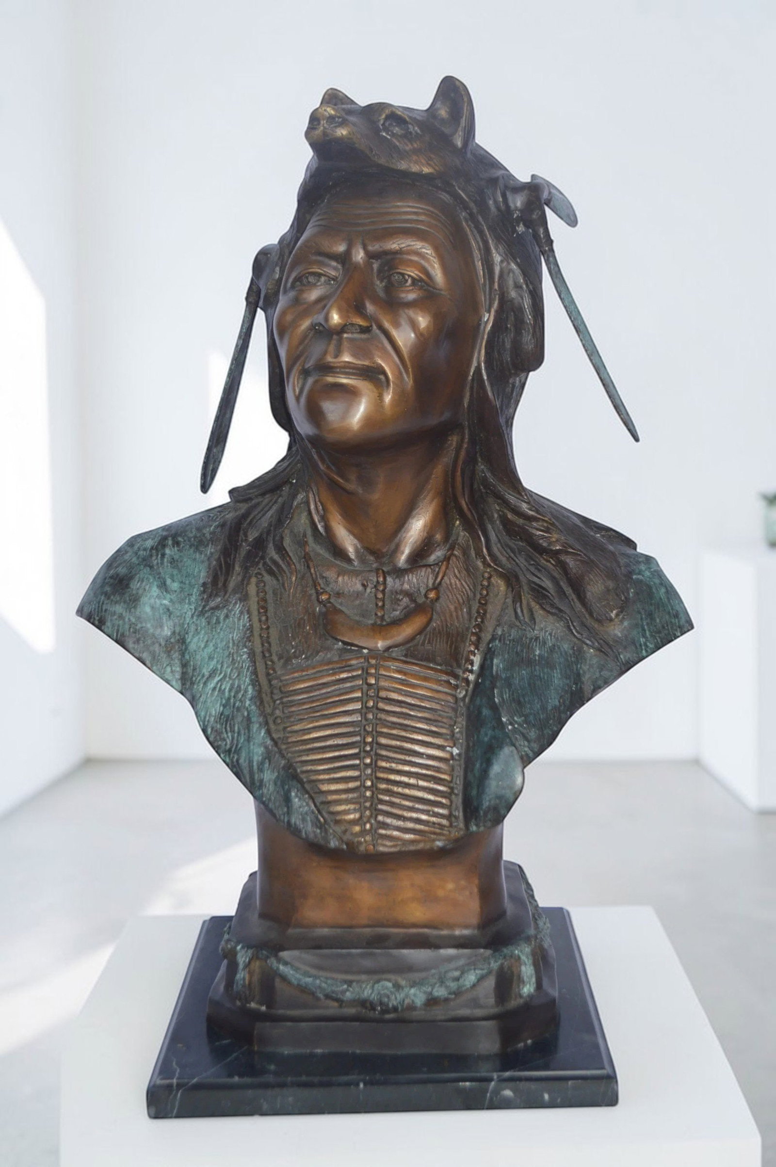 Indian Tribe Leader Bust bronze statue - Size: 22"L x 15"W x 32"H. - 3