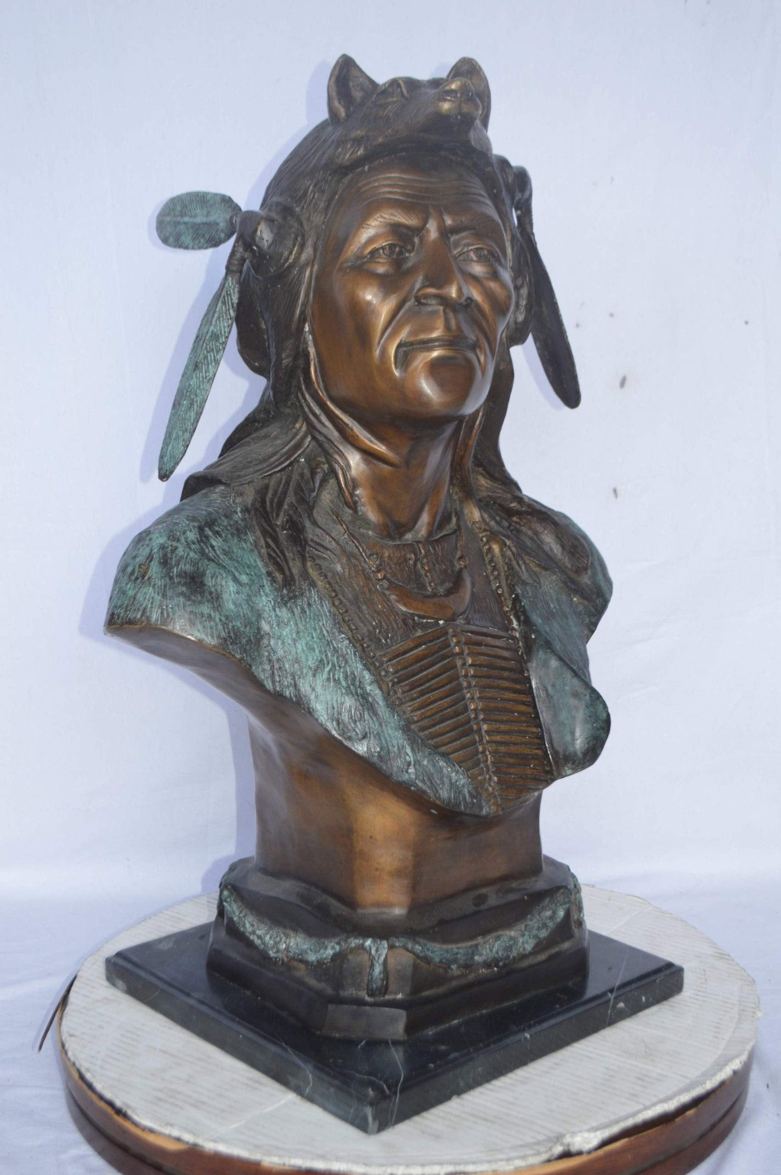 Indian Tribe Leader Bust bronze statue - Size: 22"L x 15"W x 32"H. - 5