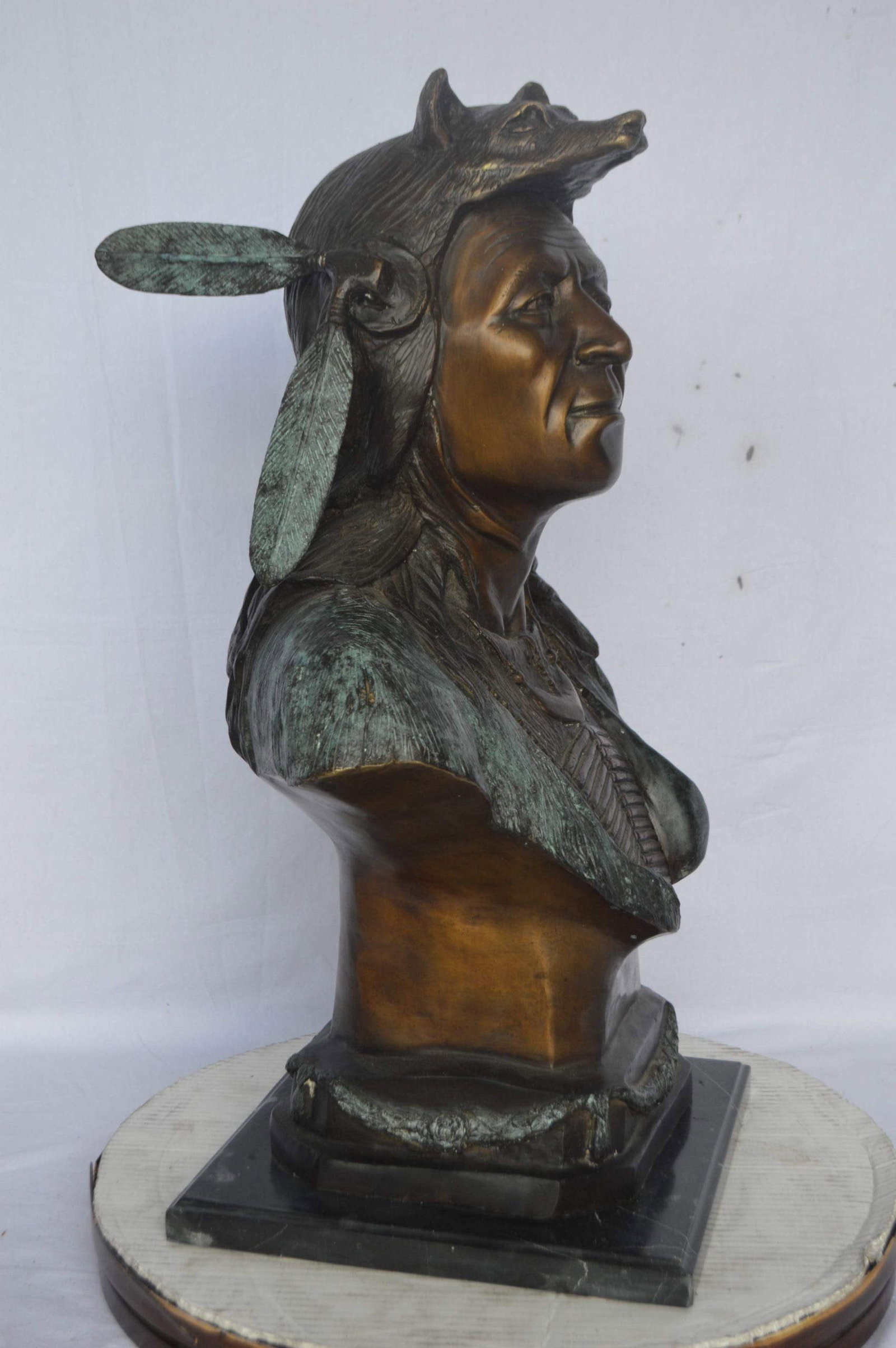 Indian Tribe Leader Bust bronze statue - Size: 22"L x 15"W x 32"H. - 6