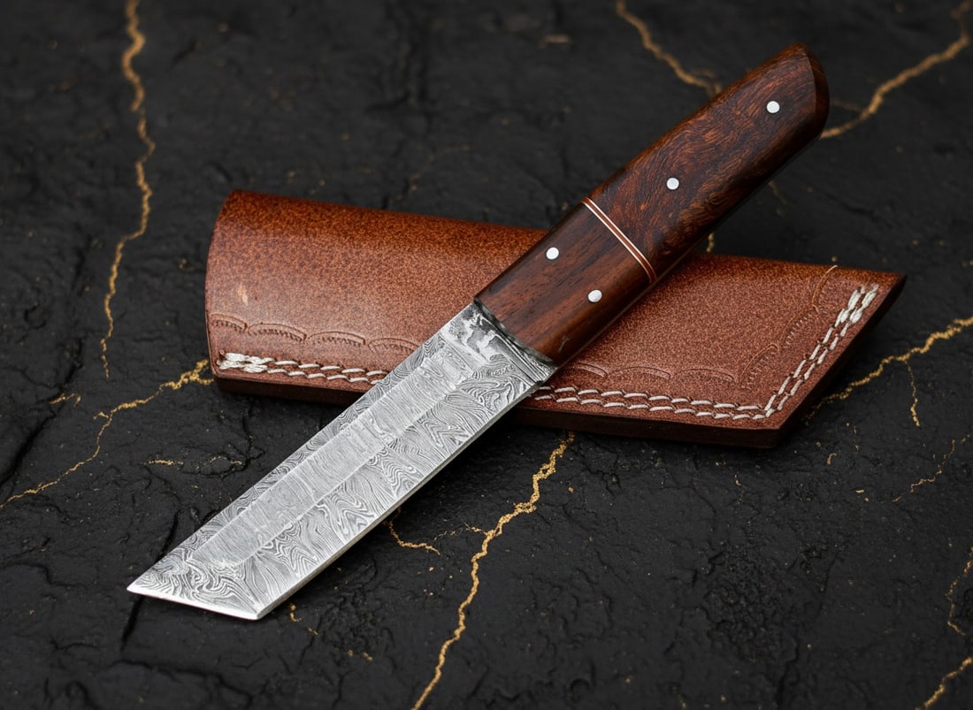 Handcrafted Damascus Steel Tanto Knife, Sharp Fixed Blade with Wood Handle (1 of 8)