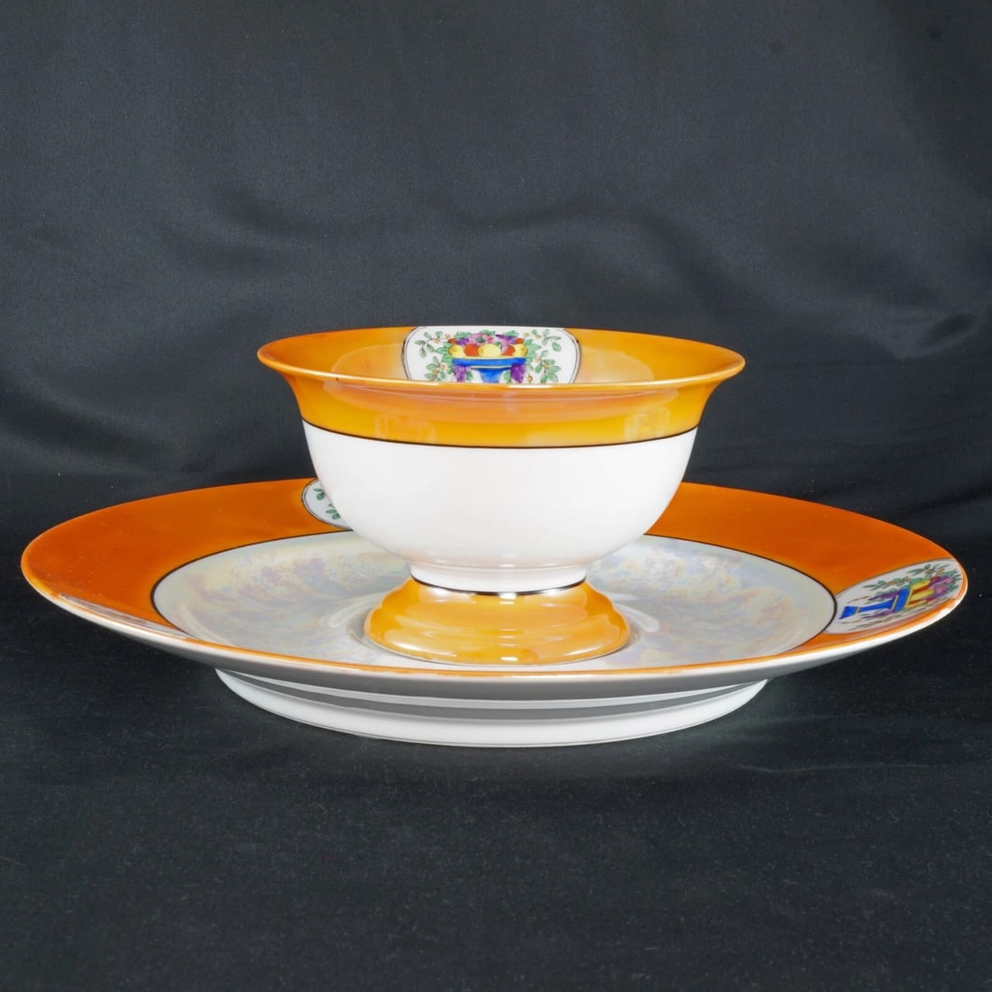 Noritake LusterWare Platter Compote Set: Title:Noritake LusterWare Platter Compote Set Size:Compote – 5 7/8 in (14.9 cm) diameter x 3 ½ in (8/9 cm) tall. Platter – 11 3/8 in (28.8 cm) diameter x 1 ½ in (3.8 cm) tall. Descri