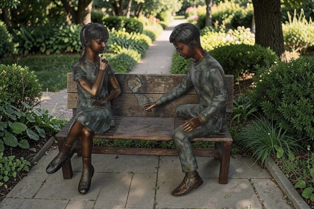 Young Couple Reviewing a World Map Bronze Statue - Size: 32"L x 47"W x 42"H. - 2