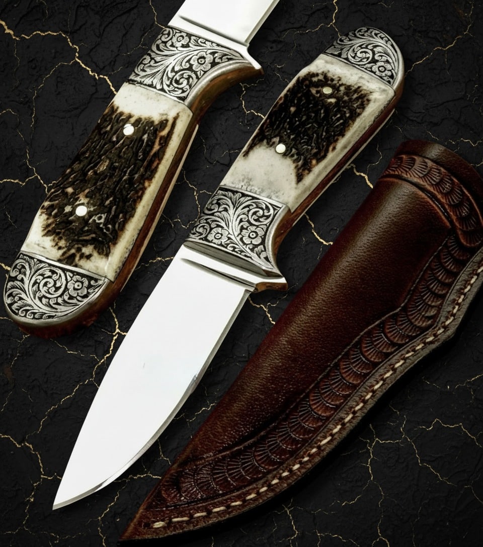 Handmade Stag Handle Hunting Knife Stainless Steel Blade Custom Bushcraft: Title:Handmade Stag Handle Hunting Knife Stainless Steel Blade Custom Bushcraft Description:This hunting skinner is designed and handmade by AB Cutlery, featuring a robust construction and detailed cr
