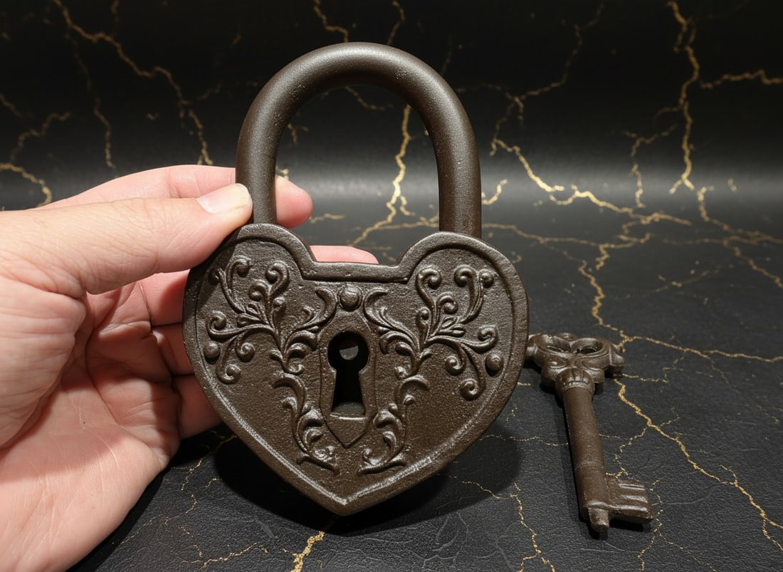 Victorian Heart Shape Cast Iron Bridge Padlock with Working Key Antique (1 of 5)