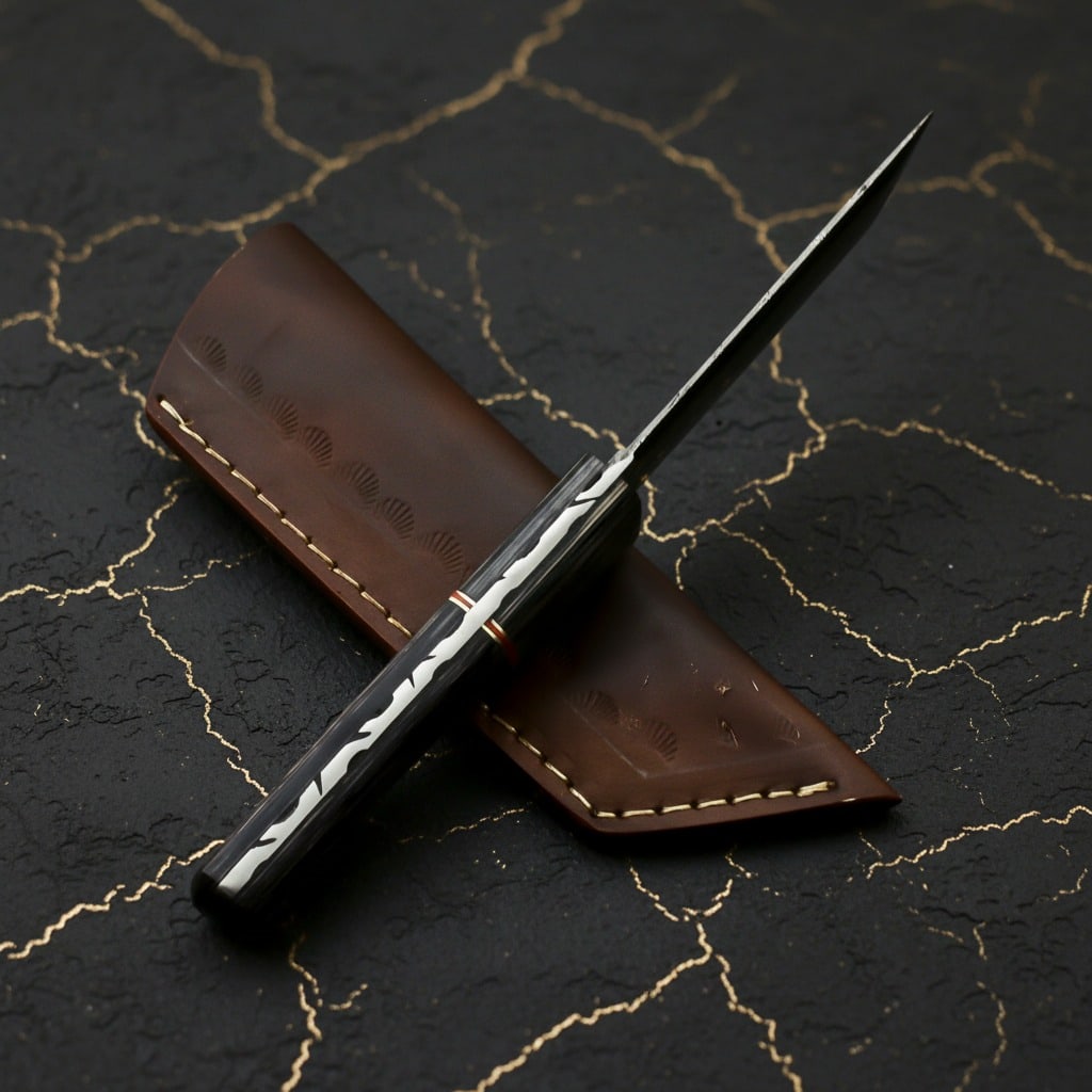 Hand-Forged Damascus Fixed Blade Tanto Hunting Knife With Leather Sheath - 8