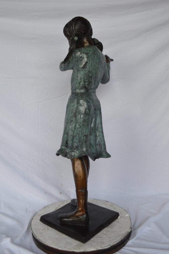 Girl playing flute large bronze statue - Size: 30"L x 15"W x 50"H. - 10