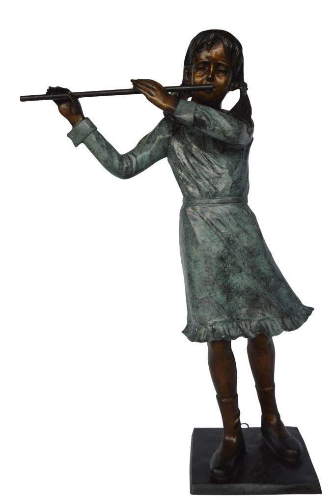 Girl playing flute large bronze statue - Size: 30"L x 15"W x 50"H.: Title:Girl playing flute large bronze statue - Size: 30"L x 15"W x 50"H. Description:This amazing and creative abstract of a young girl playing her flute is exquisite. The sculpture is made with the