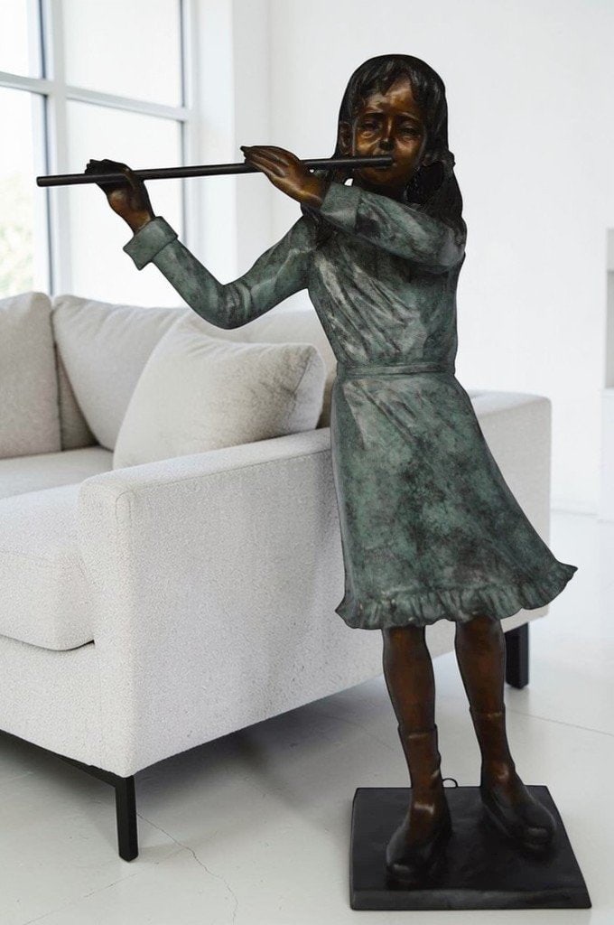 Girl playing flute large bronze statue - Size: 30"L x 15"W x 50"H. - 2