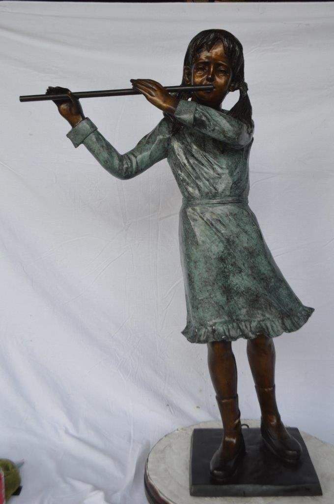 Girl playing flute large bronze statue - Size: 30"L x 15"W x 50"H. - 3