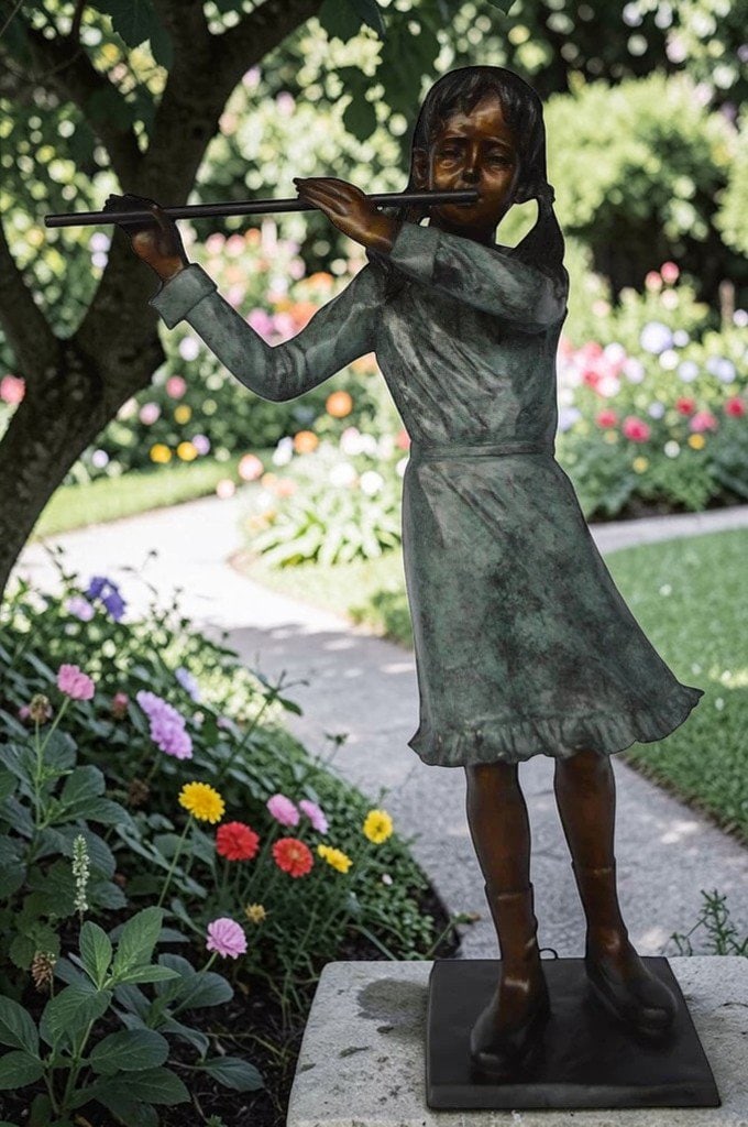 Girl playing flute large bronze statue - Size: 30"L x 15"W x 50"H. - 4