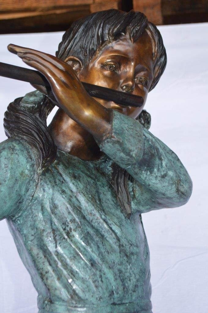 Girl playing flute large bronze statue - Size: 30"L x 15"W x 50"H. - 6