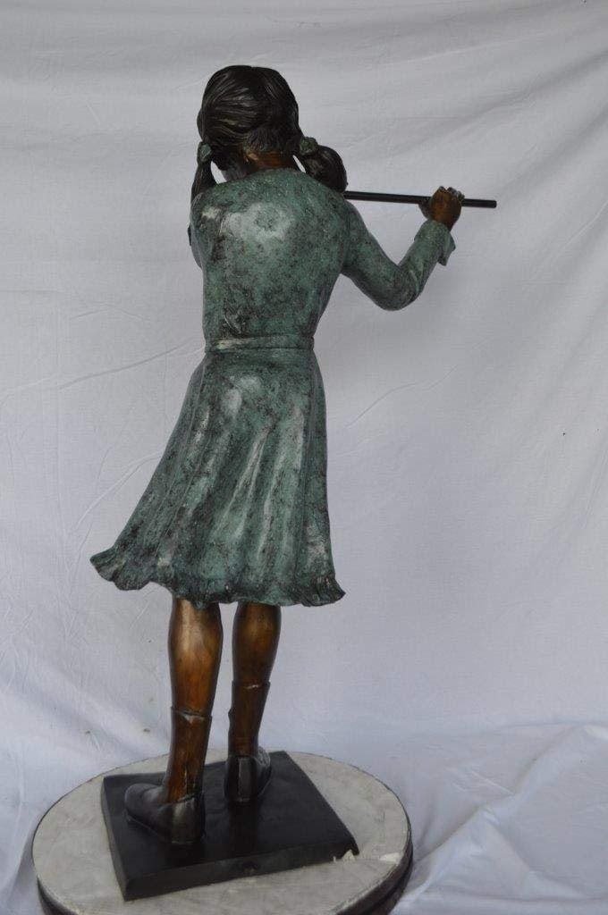 Girl playing flute large bronze statue - Size: 30"L x 15"W x 50"H. - 9