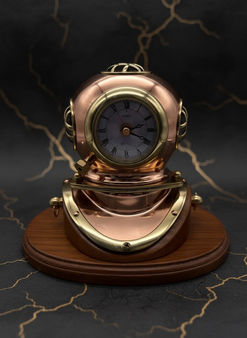 Antique Nautical Brass and Copper Diving Helmet Desk Clock Glass Face (1 of 7)