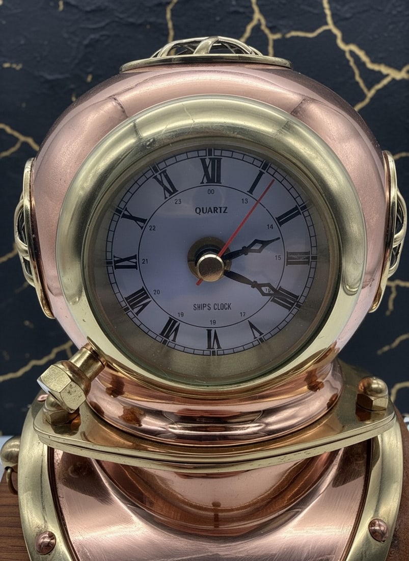 Antique Nautical Brass and Copper Diving Helmet Desk Clock Glass Face - 2