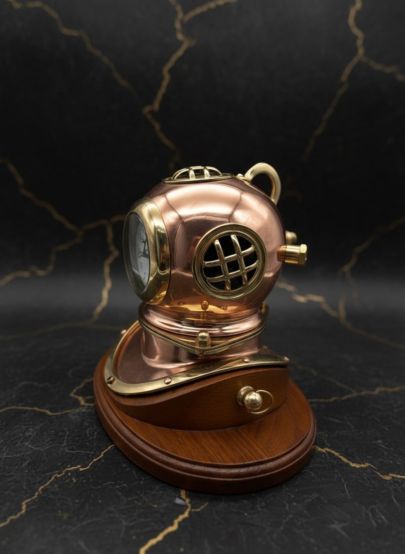 Antique Nautical Brass and Copper Diving Helmet Desk Clock Glass Face - 3