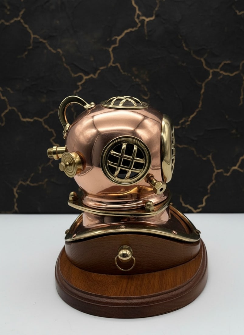 Antique Nautical Brass and Copper Diving Helmet Desk Clock Glass Face - 5