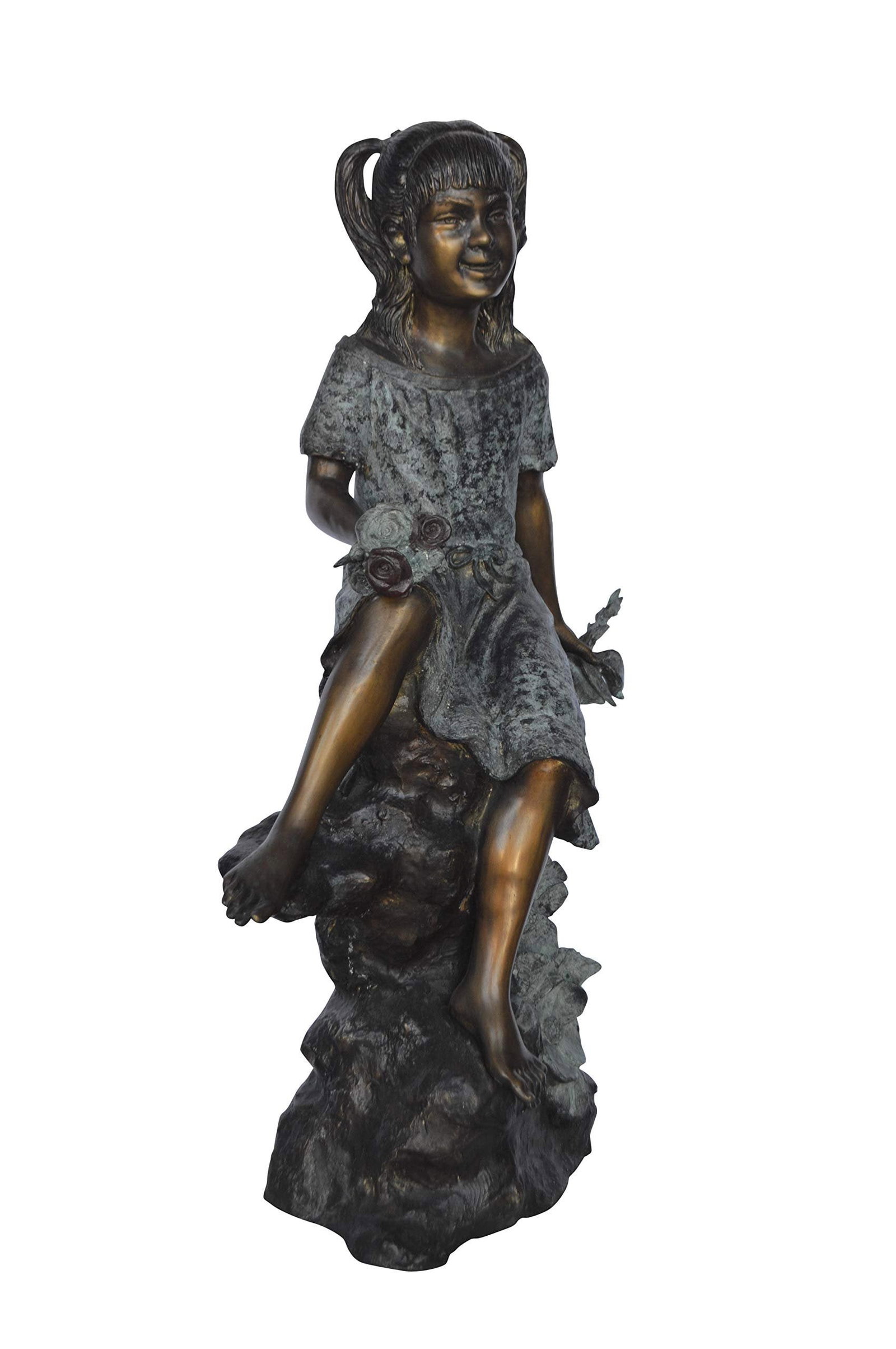 Girl on Tree Trunk Holding Flowers Bronze Statue - Size: 26"L x 11"W x 36"H.: Title:Girl on Tree Trunk Holding Flowers Bronze Statue - Size: 26"L x 11"W x 36"H. Description:Magnificent medium size bronze statues of a girl sitting on tree trunk and holding a bunch of flowers.