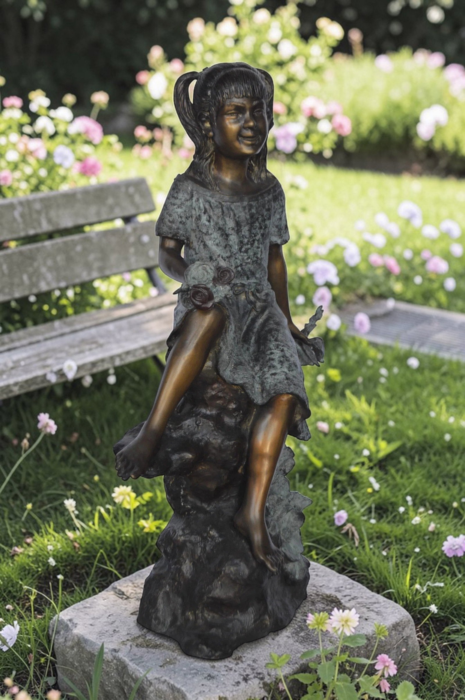 Girl on Tree Trunk Holding Flowers Bronze Statue - Size: 26"L x 11"W x 36"H. - 2