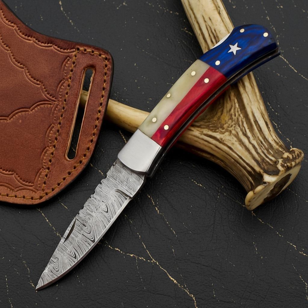 Texas Flag Folding Pocket Knife with Pakawood and Camel Bone Handle Hand Forged Damascus Blade (1 of 6)