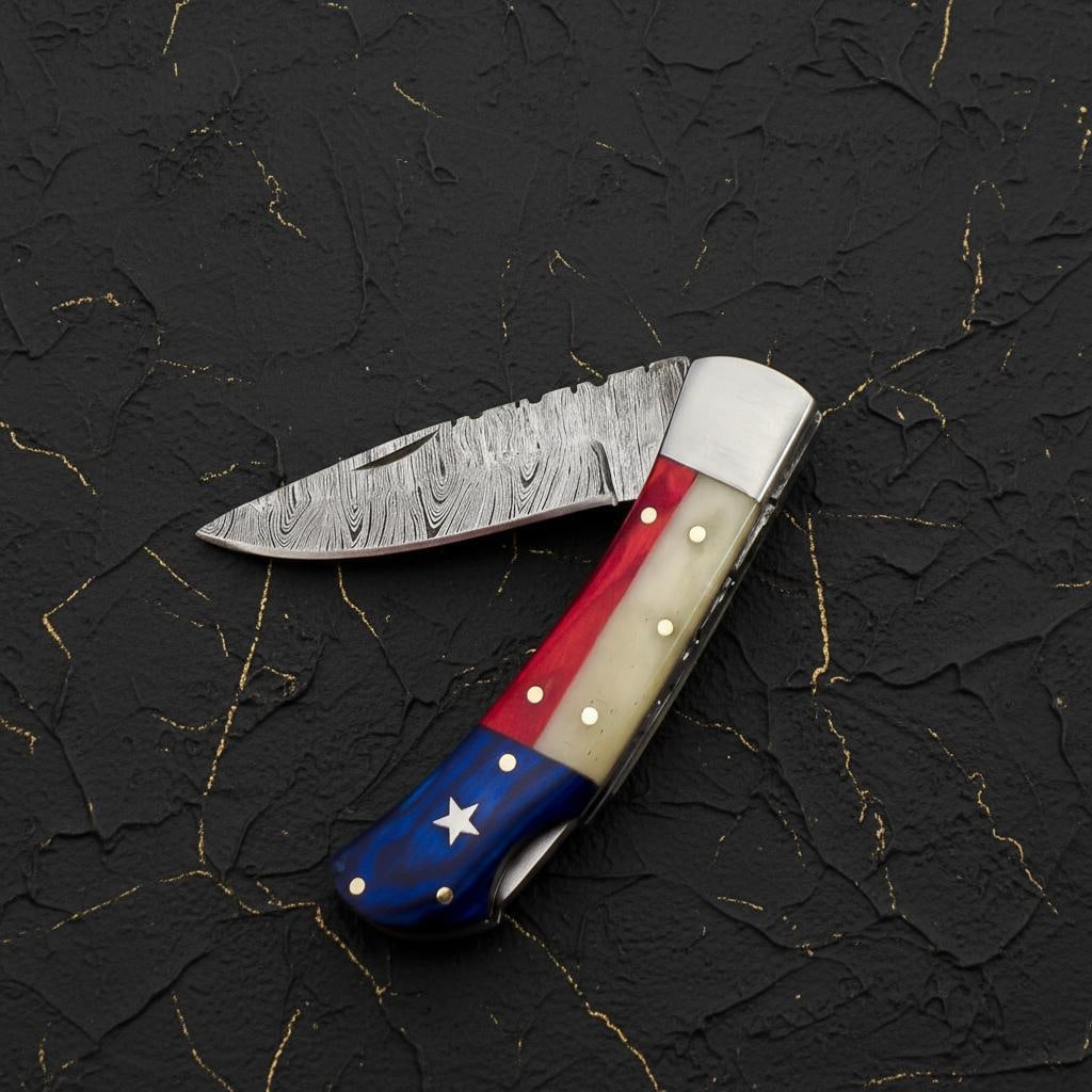 Texas Flag Folding Pocket Knife with Pakawood and Camel Bone Handle Hand Forged Damascus Blade - 2