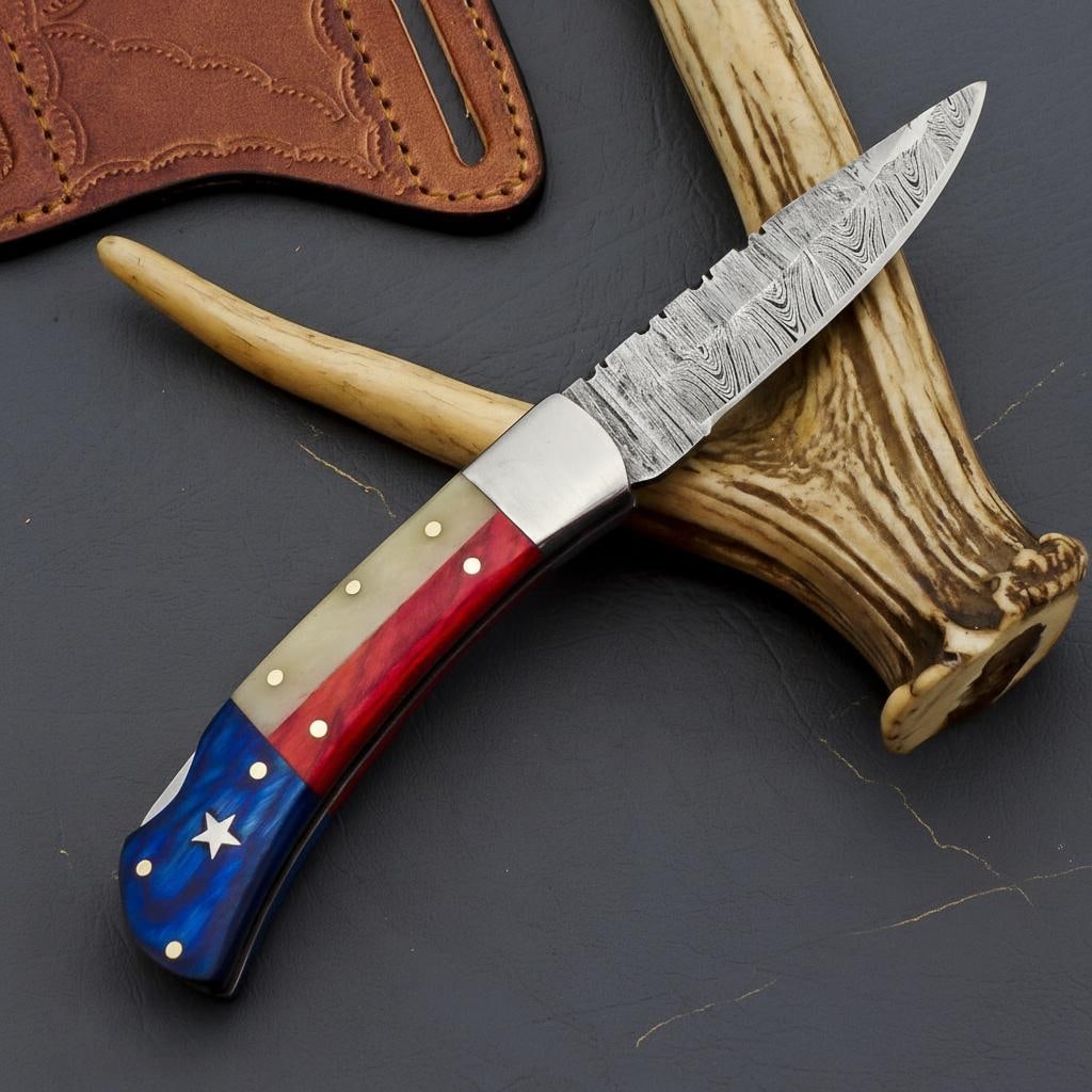 Texas Flag Folding Pocket Knife with Pakawood and Camel Bone Handle Hand Forged Damascus Blade - 3