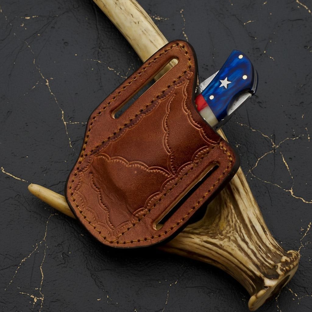 Texas Flag Folding Pocket Knife with Pakawood and Camel Bone Handle Hand Forged Damascus Blade - 6