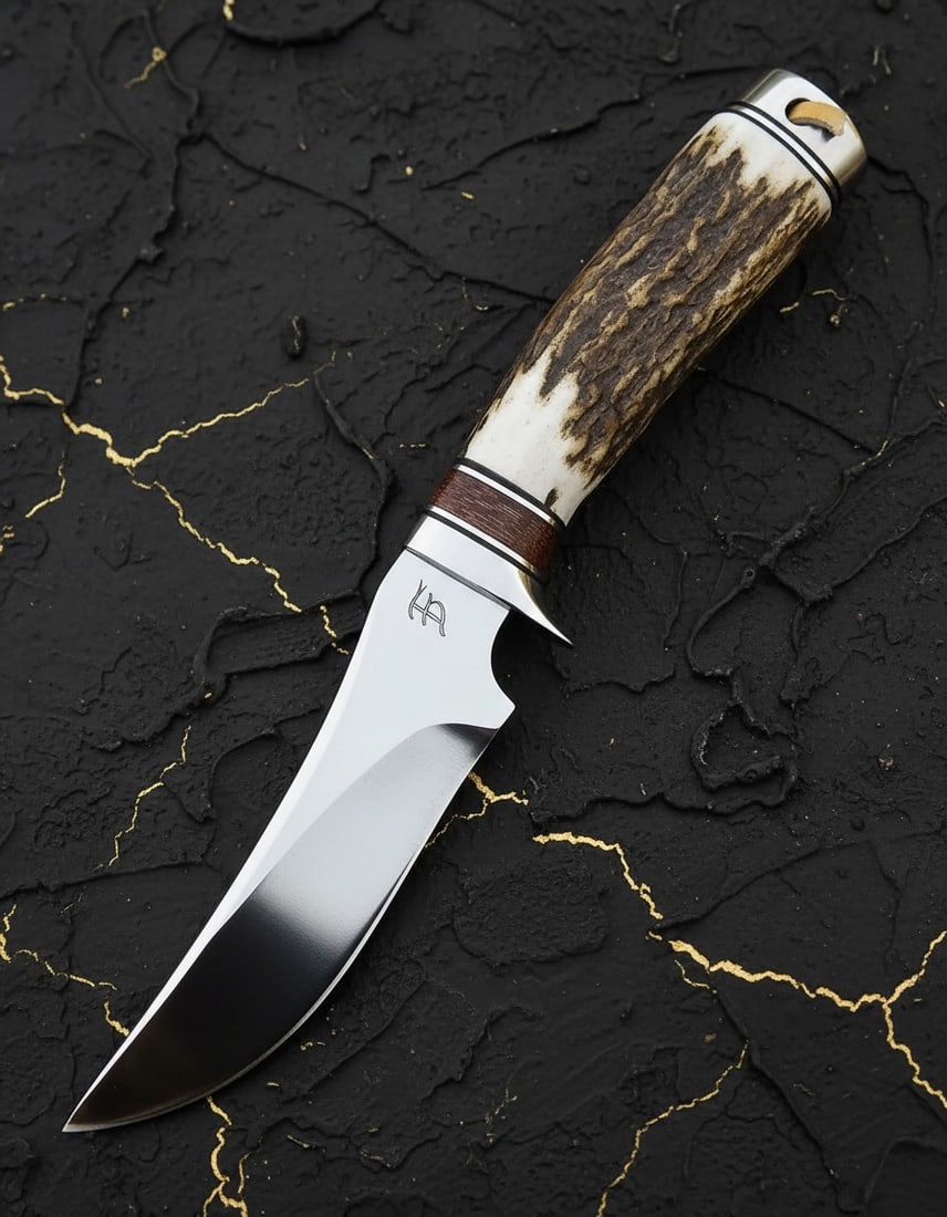 Handcrafted Stainless Steel Hunting Knife Stag Handle with Belt Clip: Title:Handcrafted Stainless Steel Hunting Knife Stag Handle with Belt Clip Description:This hunting skinner is designed and handcrafted by AB Cutlery, featuring a robust construction and detailed file