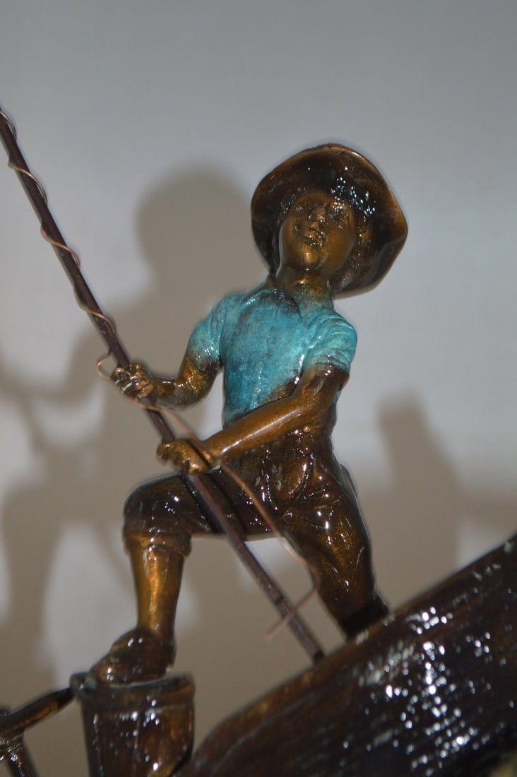 Old Man Fishing a Large Catch Bronze Statue - Size: 27"L x 13"W x 30"H. - 11