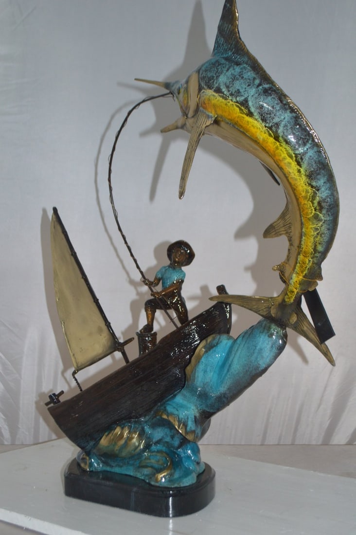 Old Man Fishing a Large Catch Bronze Statue - Size: 27"L x 13"W x 30"H. - 12
