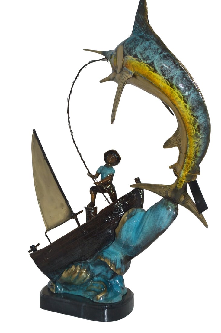 Old Man Fishing a Large Catch Bronze Statue - Size: 27"L x 13"W x 30"H. (1 of 12)