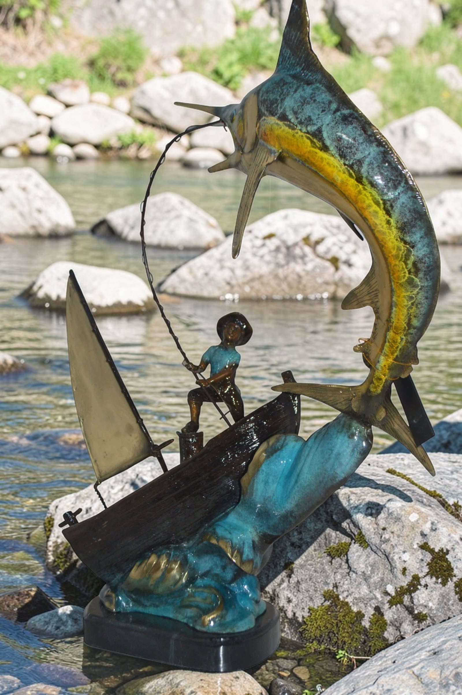 Old Man Fishing a Large Catch Bronze Statue - Size: 27"L x 13"W x 30"H. - 2