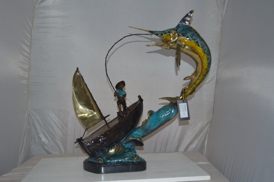 Old Man Fishing a Large Catch Bronze Statue - Size: 27"L x 13"W x 30"H. - 3