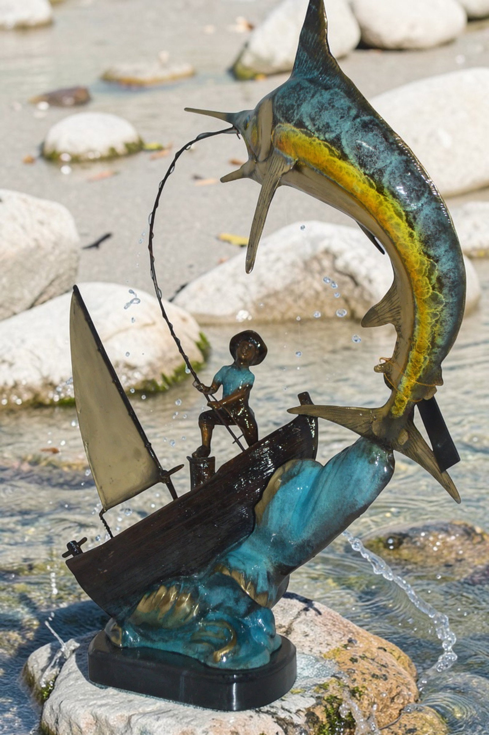 Old Man Fishing a Large Catch Bronze Statue - Size: 27"L x 13"W x 30"H. - 4