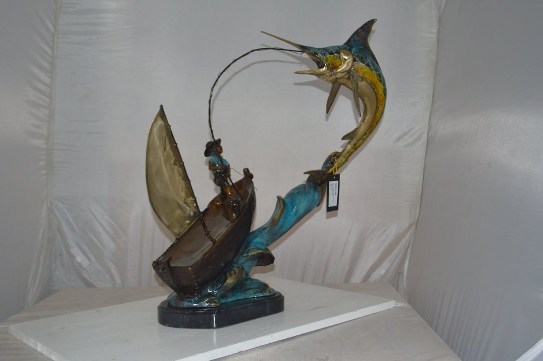 Old Man Fishing a Large Catch Bronze Statue - Size: 27"L x 13"W x 30"H. - 5