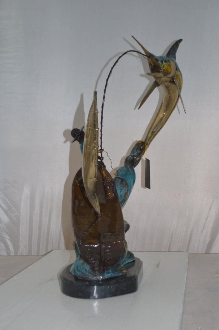 Old Man Fishing a Large Catch Bronze Statue - Size: 27"L x 13"W x 30"H. - 6