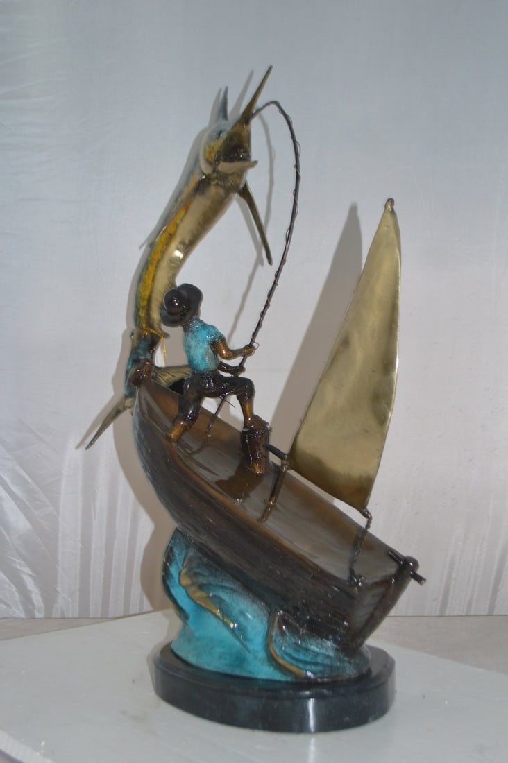 Old Man Fishing a Large Catch Bronze Statue - Size: 27"L x 13"W x 30"H. - 7