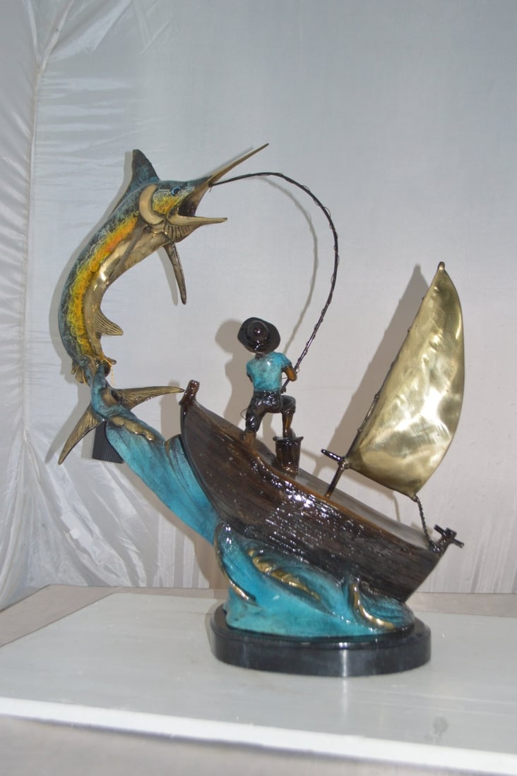 Old Man Fishing a Large Catch Bronze Statue - Size: 27"L x 13"W x 30"H. - 8