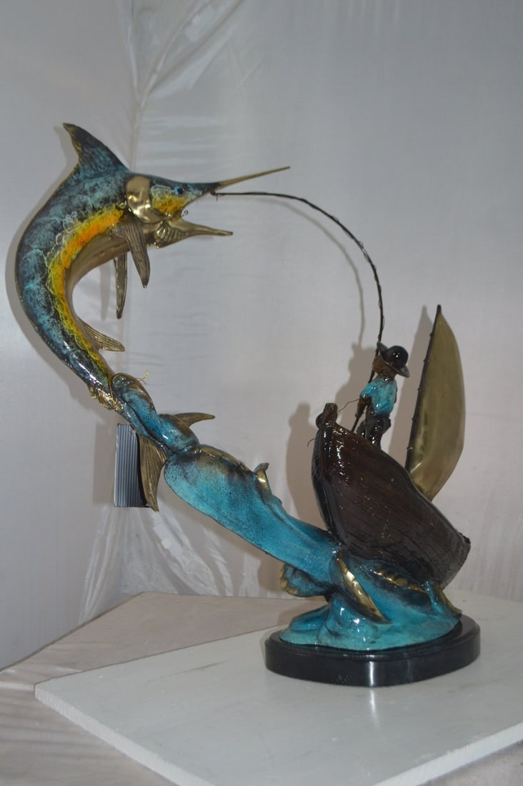Old Man Fishing a Large Catch Bronze Statue - Size: 27"L x 13"W x 30"H. - 9