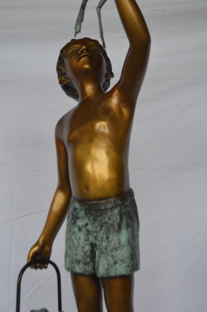 Boy on turtle holding frog bronze fountain statue - Size: 24"L x 18"W x 55"H. - 10