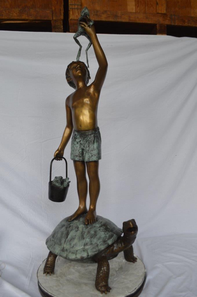 Boy on turtle holding frog bronze fountain statue - Size: 24"L x 18"W x 55"H. - 11