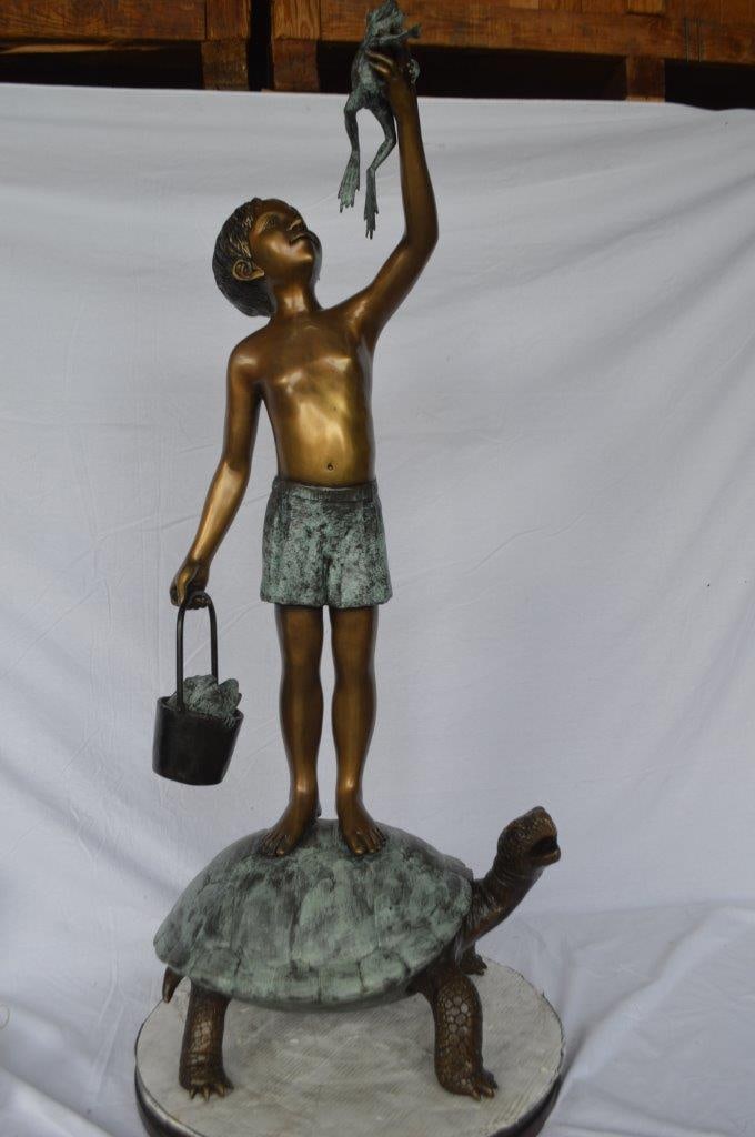 Boy on turtle holding frog bronze fountain statue - Size: 24"L x 18"W x 55"H. - 2