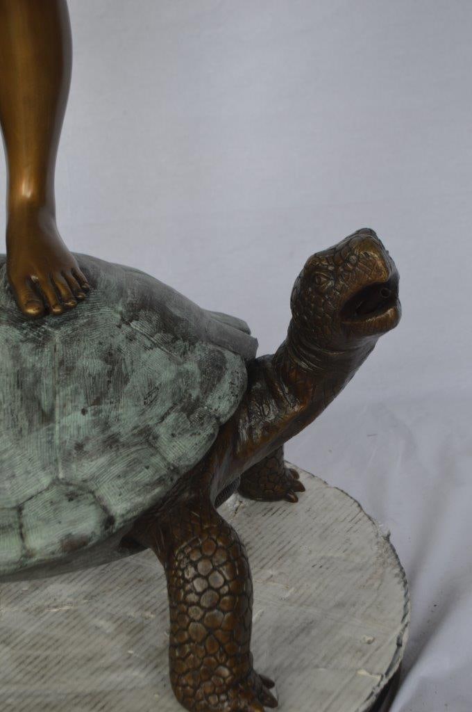 Boy on turtle holding frog bronze fountain statue - Size: 24"L x 18"W x 55"H. - 3